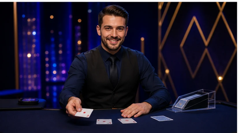 Live blackjack dealer handling cards