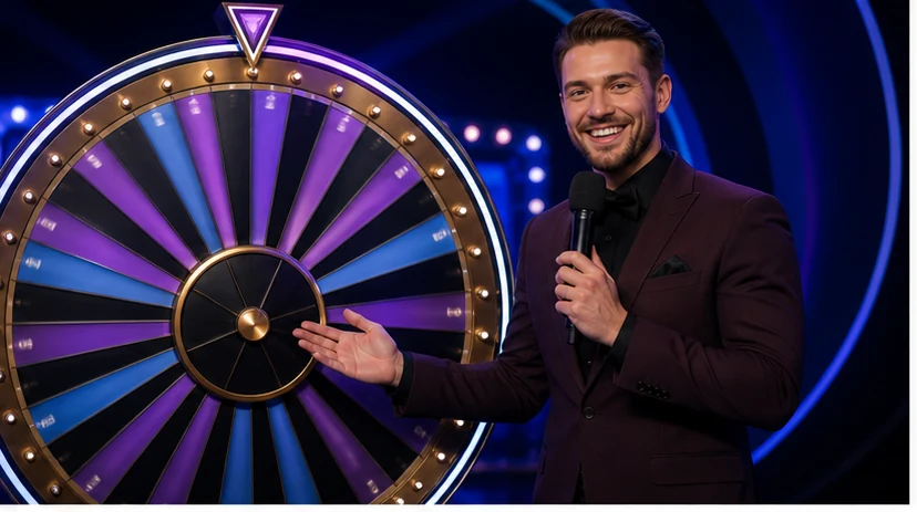 Live casino presenter beside a prize wheel