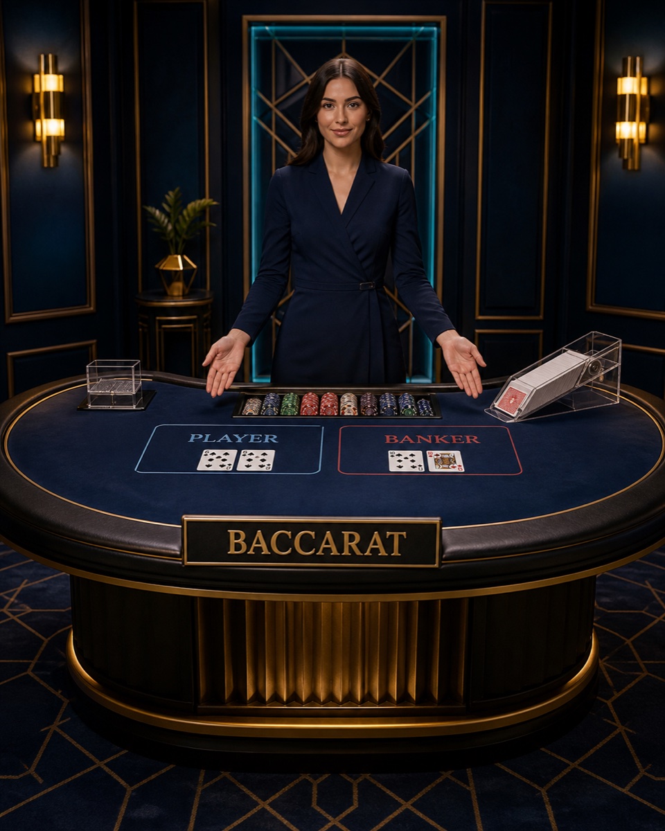 Baccarat dealer standing behind labelled Player and Banker areas