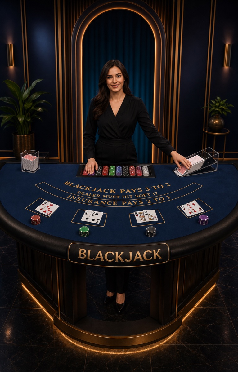 Blackjack dealer standing behind a labelled blackjack table