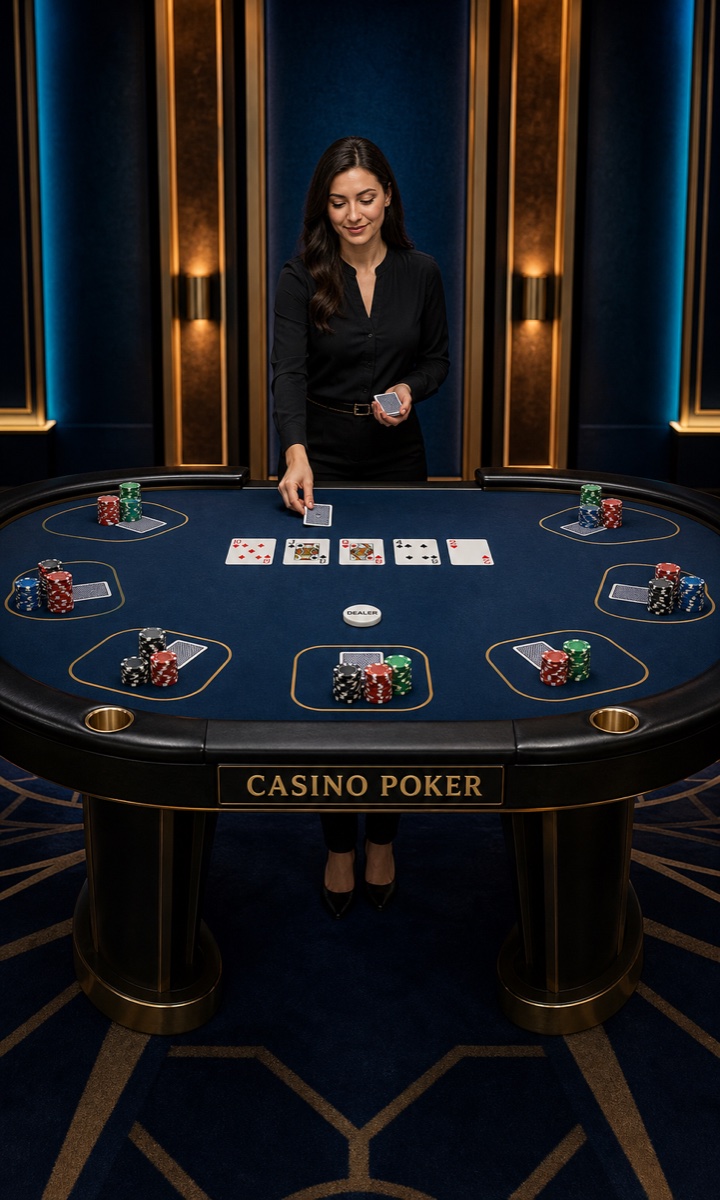 Casino poker dealer standing behind a labelled poker table