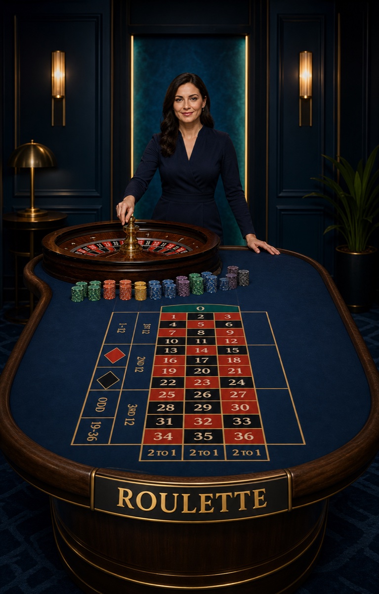 Roulette dealer standing behind a labelled European roulette table