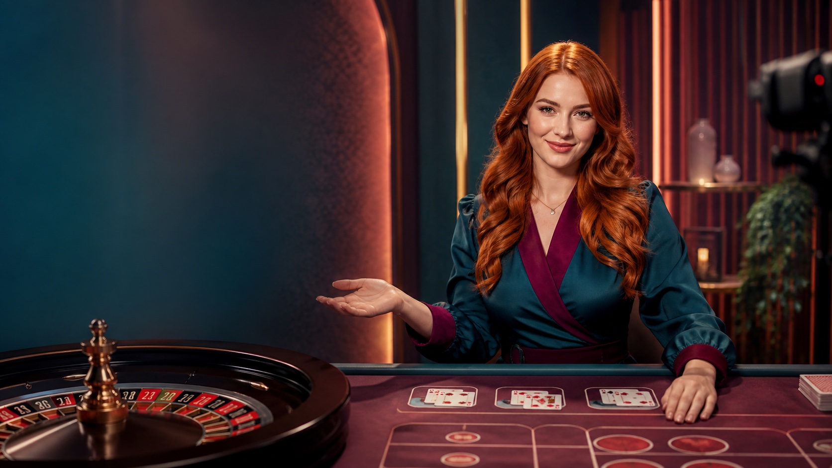 Live casino studio with roulette wheel, card tables and broadcast cameras